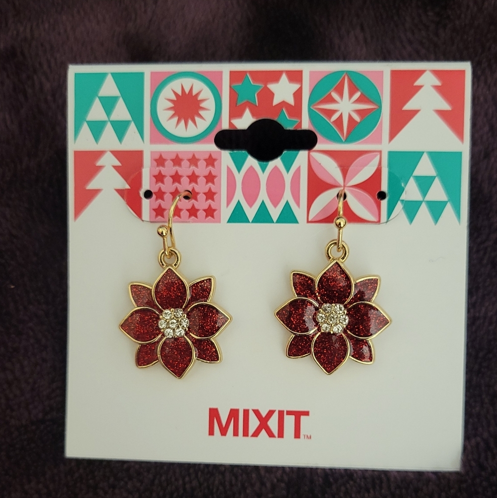 Mixit Burgundy Floral Earrings with Gold Detail
